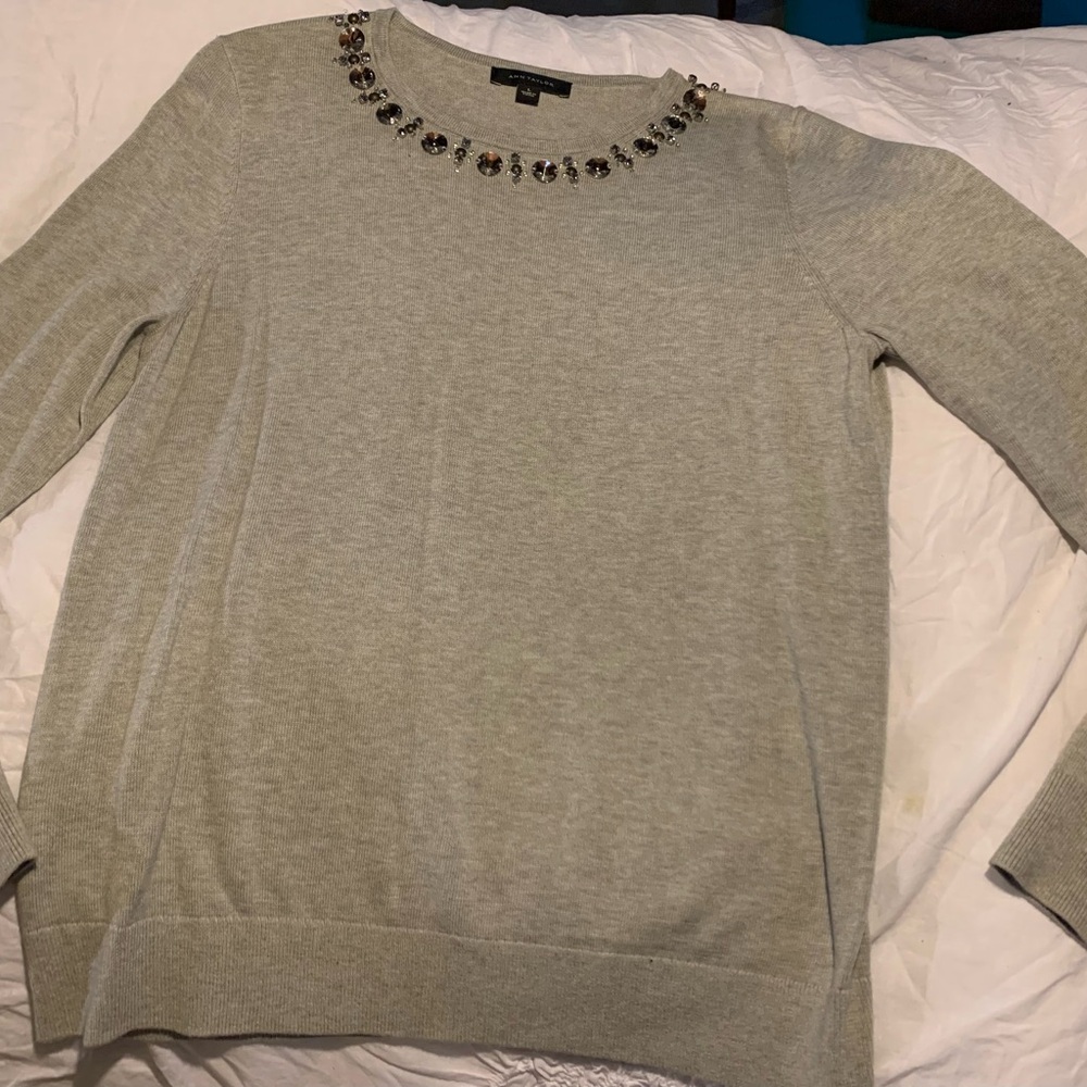 Ann Taylor Gray Embellished Crew Neck Sweater